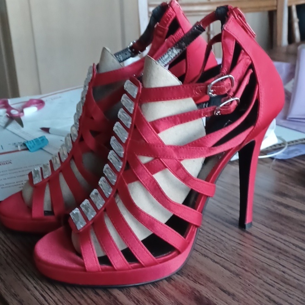 Aldo Red Satin Strappy Jeweled Heels, 5" height, Size 39 (8.5)